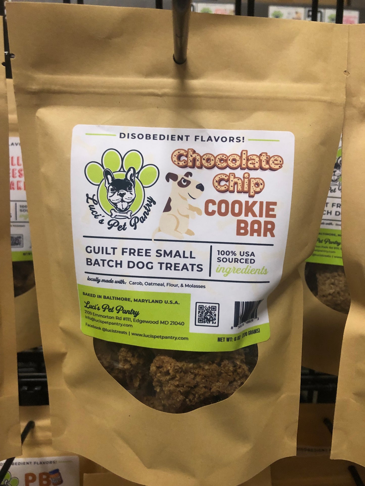 Chocolate Chip Cookie Bar - All Natural "Carob" Dog & Puppy Treats - Disobedient Biscuits 6 oz. Pouch