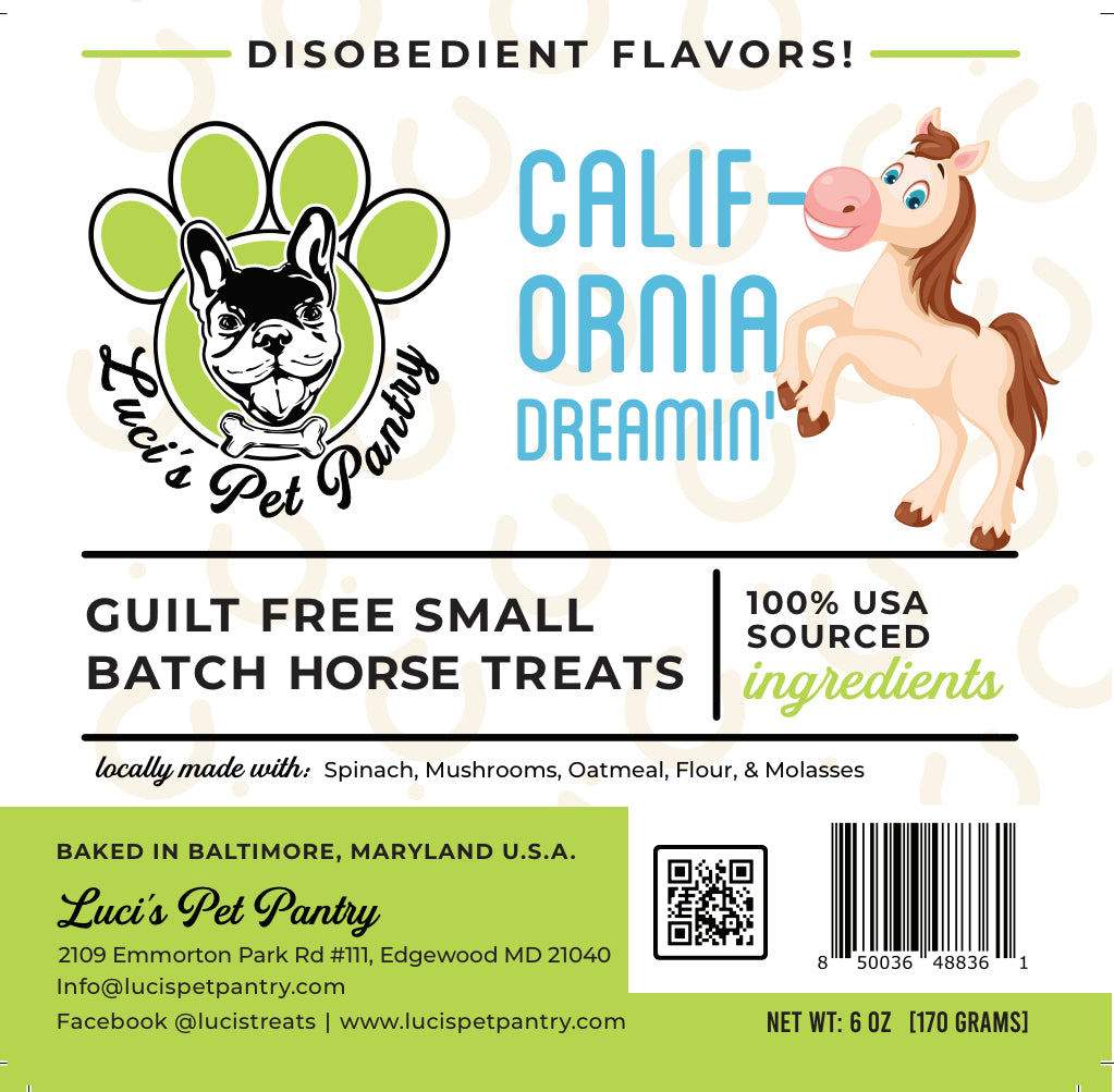 California Dreamin' - All Natural "Spinach & Mushroom" Horse Treats - Disobedient Biscuits 6 oz. Pouch