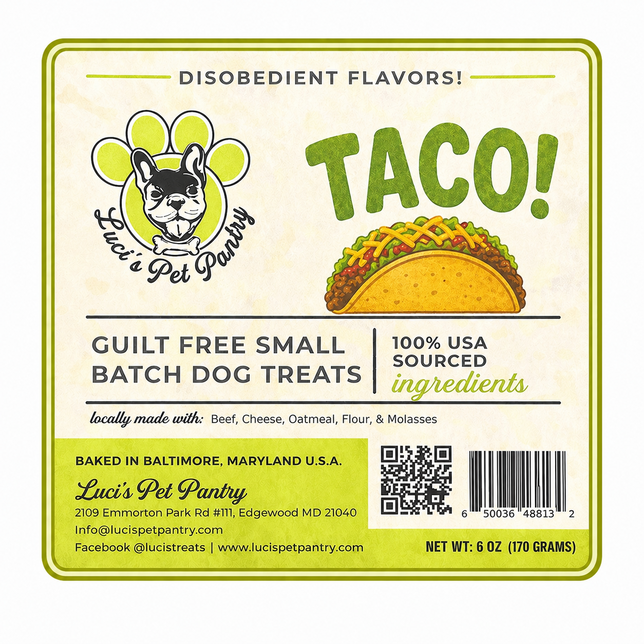 Taco - All Natural "Beef & Cheese" Dog & Puppy Treats - Disobedient Biscuits 6 oz. Pouch