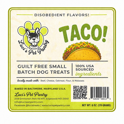 Taco - All Natural "Beef & Cheese" Dog & Puppy Treats - Disobedient Biscuits 6 oz. Pouch
