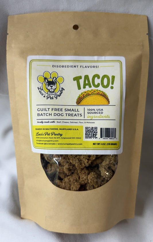 Taco - All Natural "Beef & Cheese" Dog & Puppy Treats - Disobedient Biscuits 6 oz. Pouch